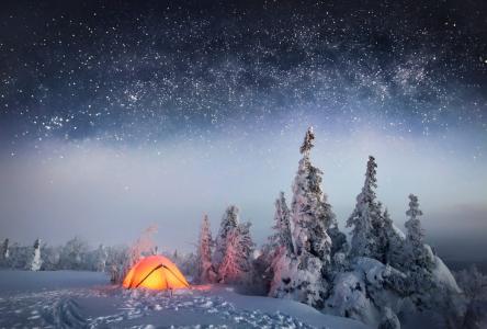 冷杉，雪，晚上，星星，帐篷，在通行证上的夜晚，乌拉尔