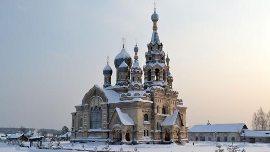 大教堂，寺，建筑，圆顶，冬天，雪，天空，美女