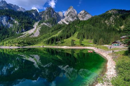自然，瑞士，湖，山，森林，房子，美丽，反思