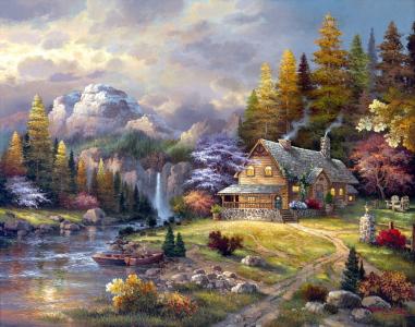 美国风景，由山上的房子，艺术家詹姆斯·李