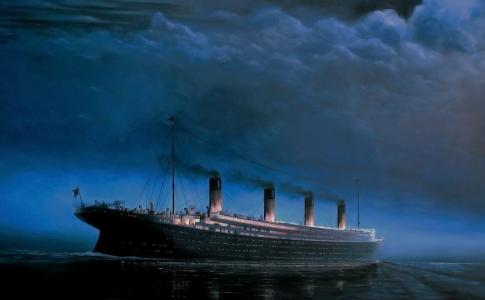 绘画，绘画，船，泰坦尼克号，海洋，夜，天空，云，灾难