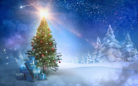 假期，圣诞树，优雅，光线，眩光，雪，礼品，新年，背景