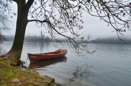 船，湖，岛，早晨，雾，苍白，文字