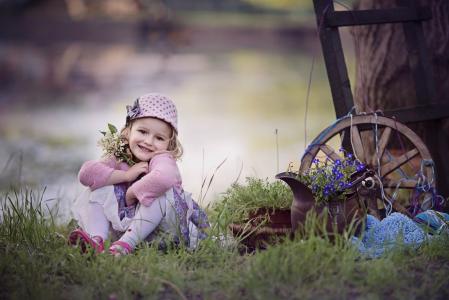 Marta Obiegla，小孩，女孩，婴儿，帽，性质，草，花束，铃兰，鲜花，水罐，车轮，器皿