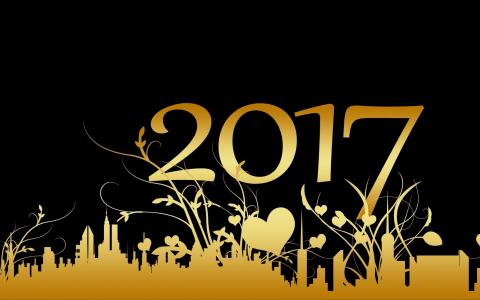 黑色背景，2017年，新的一年，花卉装饰，心中，金