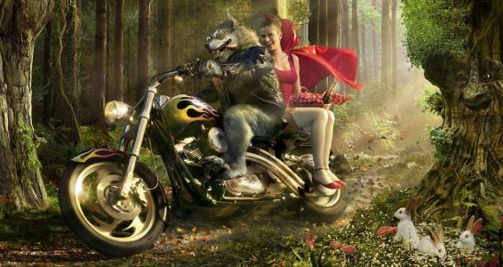 一只狼，一顶红帽子，一辆摩托车，一片森林，一个笑话