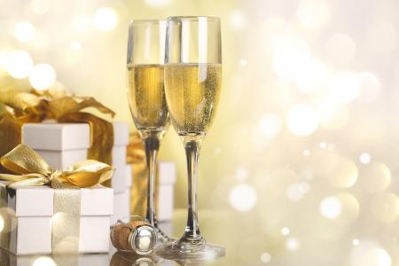 假期，新的一年，眼镜，香槟，礼物，框，软木，散景