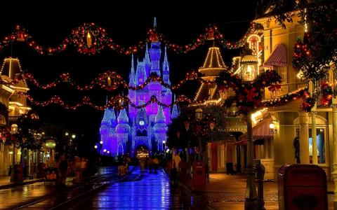 圣诞节装饰，城堡，迪斯尼乐园，佛罗里达州，灰姑娘城堡，美国，街道，圣诞节
