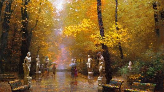 公园，雕塑，长凳，路径，落叶，人，雨伞，雨，秋天