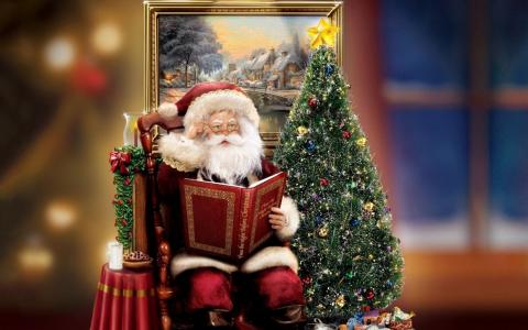 圣诞老人，圣诞老人，圣诞节，装饰，托马斯Kinkade，礼物，圣诞树，托马斯Kincaid，雕像，圣诞老人，蜡烛，树，书，树，礼物，新年，装饰品，c kinkade绘画，