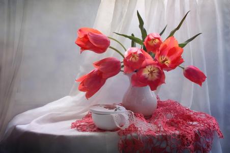 郁金香，花束，餐巾，花瓶