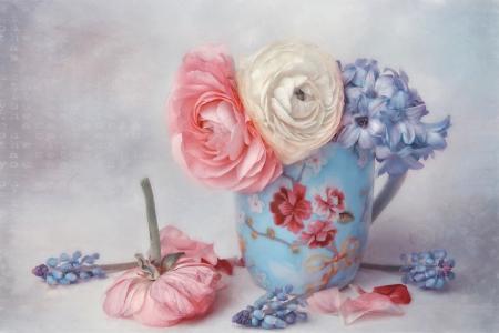 Lizzy Pe，马克杯，鲜花，毛茛，风信子，艺术，花瓣