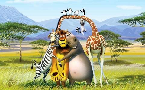 狮子，河马，马达加斯加，斑马，长颈鹿，卡通
