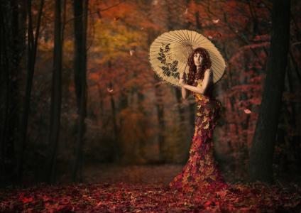 秋天，创意，叶子，伞，裙子