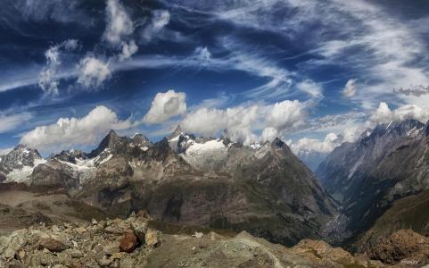 山，天空，石头，瑞士，采尔马特，云