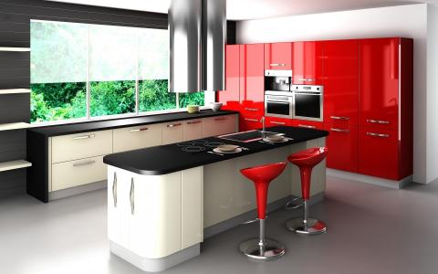 风格，椅子，套房，厨房，窗口，红色，表