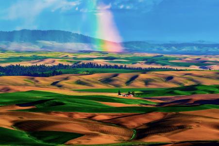 房子，彩虹，田野，丘陵，天空，地毯，山谷
