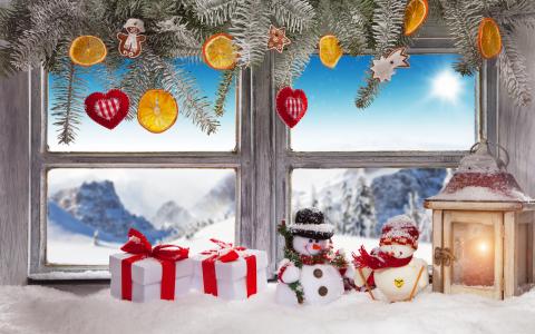 节日，新年，圣诞节，窗口，冬天，窗台，玩具，雪人，框，礼品，树枝，针，云杉，枞树，装饰品，心，切片，橘子