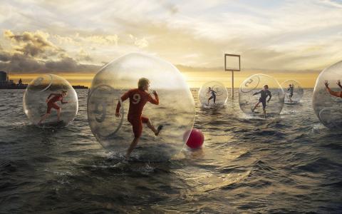 罗曼·劳伦特，创意，足球，水，海，盖茨，球，游戏，幽默，球，日落