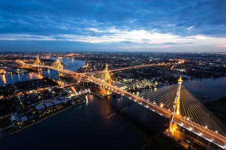 泰国，桥，曼谷，连成一排，夜，灯笼，城市