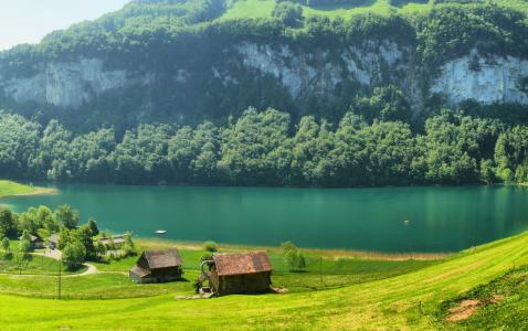 草，山，瑞士，林间空地，河，房子，瑞士