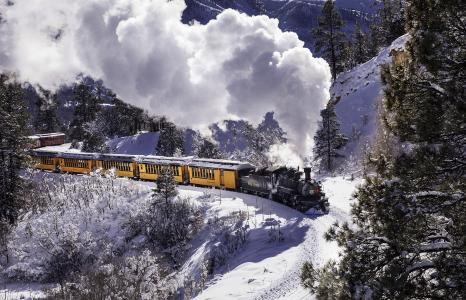 火车，机车，机车，货车，冬天，山，科罗拉多州，美国