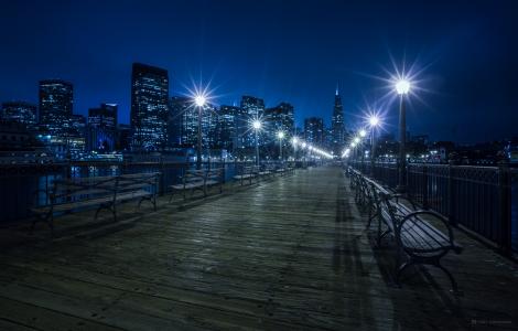 旧金山，城市，夜晚，桥，灯，灯，长凳