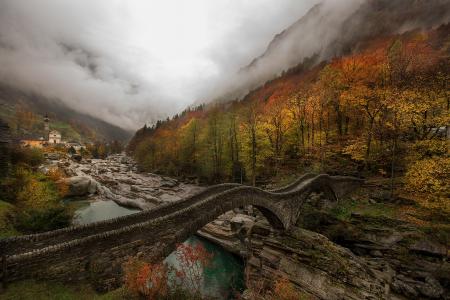 自然，秋，瑞士，谷，山，桥