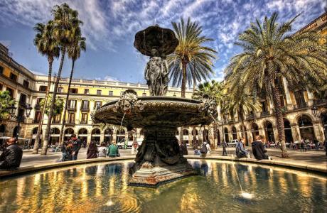西班牙，巴塞罗那，棕榈树，喷泉