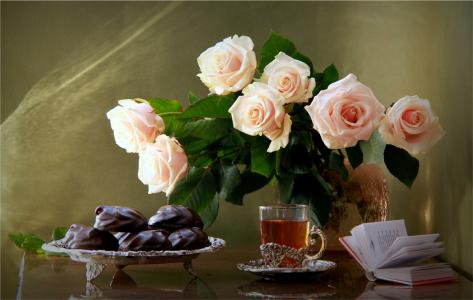 静物，花瓶，鲜花，玫瑰，杯，茶，板，甜点，棉花糖，书