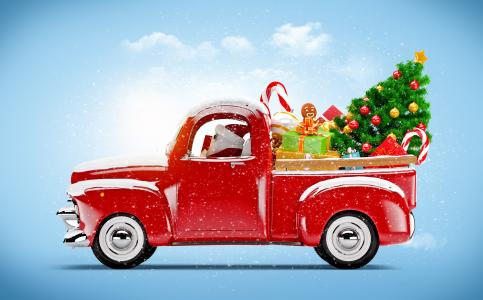 机，红色，圣诞老人，礼物，圣诞树，装饰品