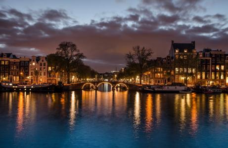 荷兰，阿姆斯特丹，城市，灯，照明，美容，桥，水，反射，树木，天空