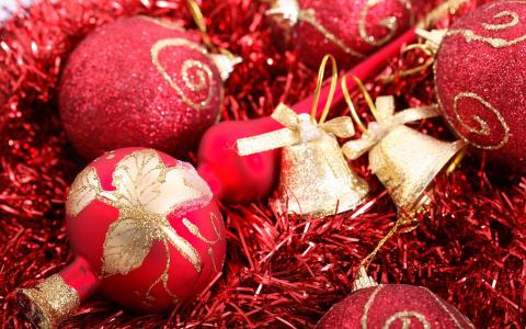 新的一年，假期，新的一年，红色，金属丝，圣诞球，黄金，钟声，模式