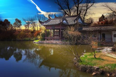 中国，花园，公园，池塘，茶馆，植被