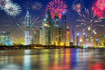 城市，迪拜，阿拉伯联合酋长国，摩天大楼，灯光，游艇，度假，敬礼，晚上