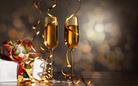 假期，新的一年，眼镜，香槟，框，礼物，蛇纹石，散景