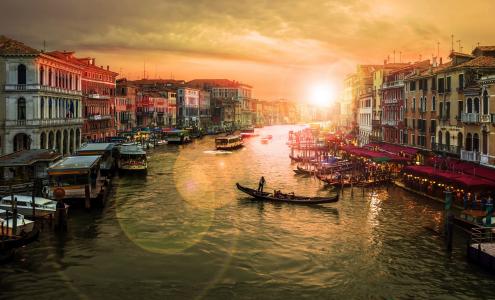 威尼斯，运河，咖啡厅，日落