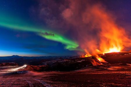 Fimmvorduhals，冰岛，冰岛，山脉，火山喷发，北极光，元素