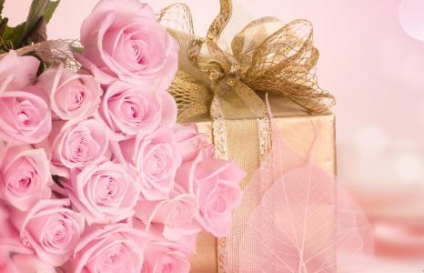 惊喜，粉红色，礼物，爱，玫瑰，花束，鲜花