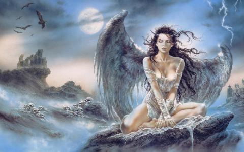 女孩，天使，翅膀，山