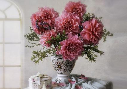 静物，大丽花，花束，花瓶，棺材，白色背景，伊琳娜Prikhodko