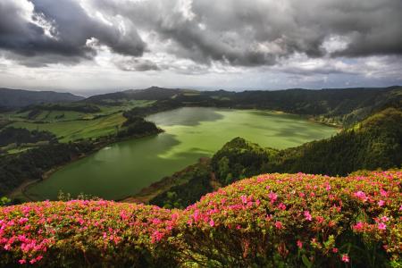 湖，塞特Cidades，Seti-Sidadish，亚速尔群岛，葡萄牙，自然，山，灌木丛，鲜花