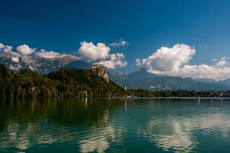斯洛文尼亚，布莱德湖，山，天空，森林，水，美女，岸
