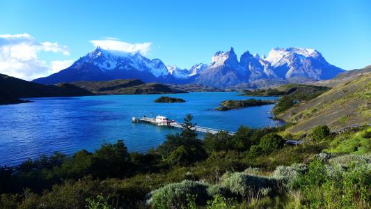 Pehoe湖，Torres del Paine，巴塔哥尼亚，智利，智利，巴塔哥尼亚，天空，山，湖，码头，码头