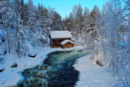 冬天，森林，山区河流，冬天，小房子，美丽
