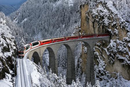 自然，山，阿尔卑斯山，奥地利，桥，火车，火车，组成，美丽，冬天，森林