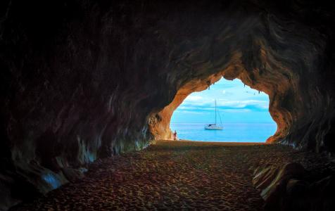 洞穴，主帆，游艇，海，天空，撒丁岛