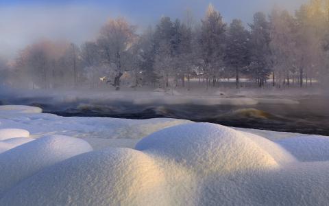 树木，河流，瑞典，冬天，沃克南河，雪地，雪，瑞典