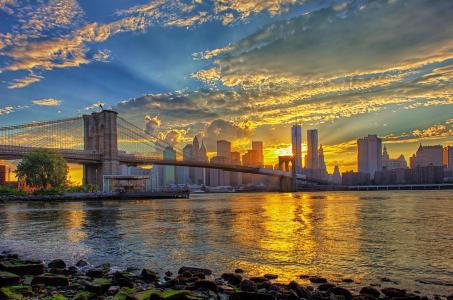 纽约，城市，摩天大楼，天空，云，桥，美女