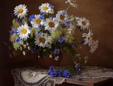 餐巾，花瓶，鲜花，雏菊，矢车菊